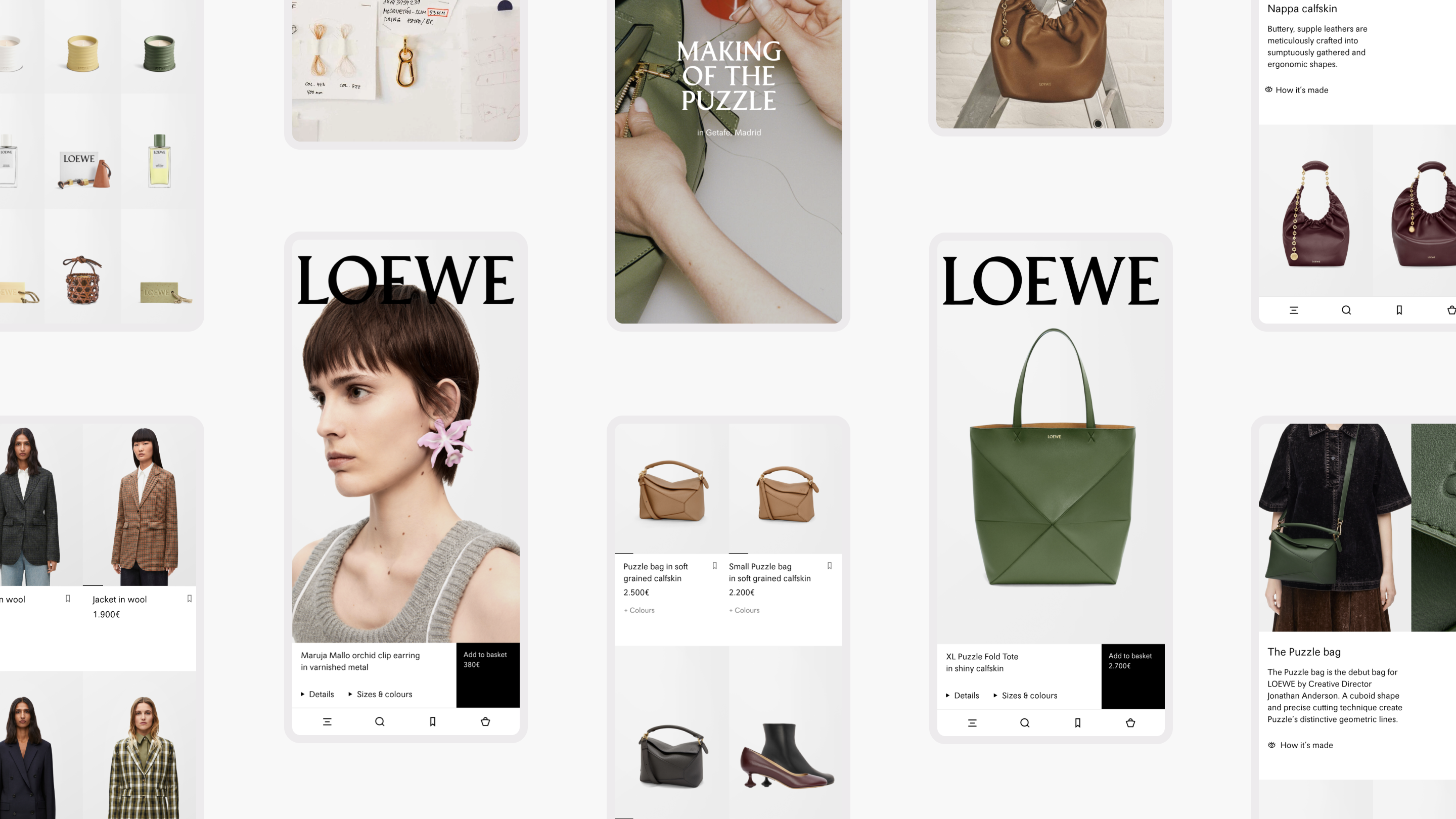 A collage of mobile screens showcasing various products from the Loewe website, including a woman with a large pink earring, several views of the "Puzzle bag" in different colors, a green tote, and jackets.