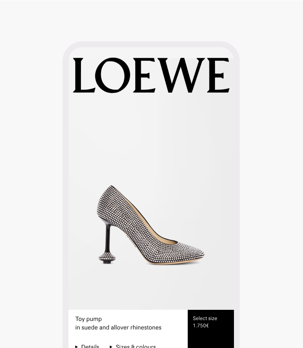 A mobile screen displaying a side view of a "Toy pump" shoe from Loewe, which is covered in allover rhinestones and has a unique sculpted heel. The product name and price are also visible.