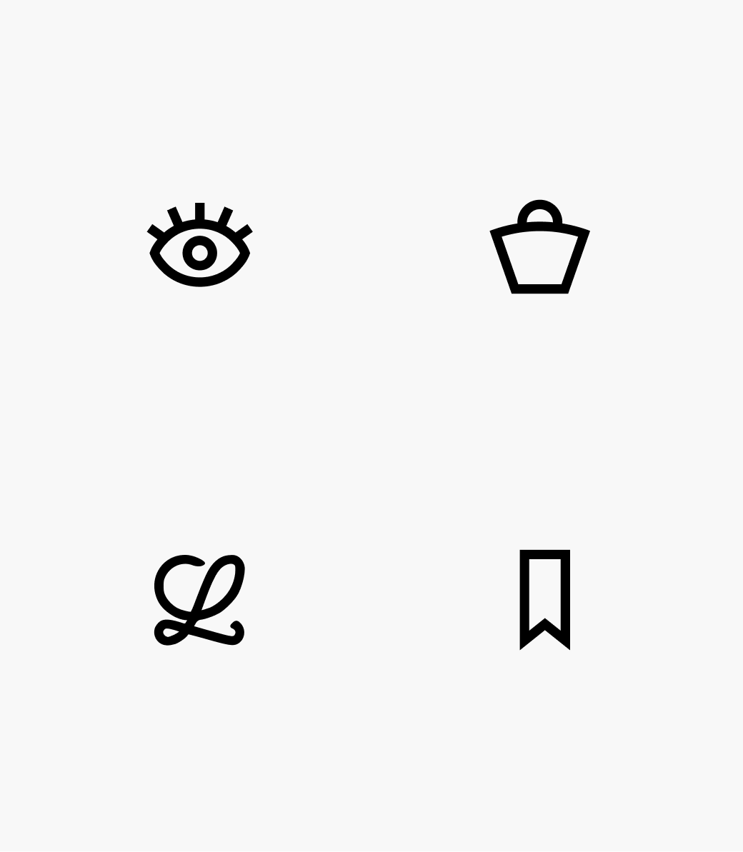 A simple grid of four black line icons on a white background. The icons represent an eye, a shopping bag, the Loewe script 'L' logo, and a bookmark.